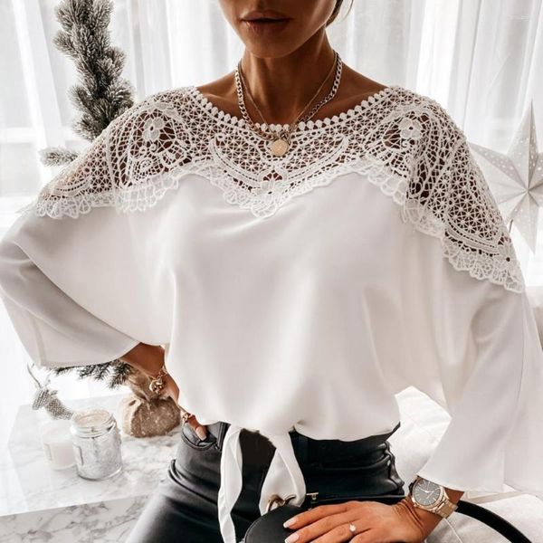 Blusas de mujer Crochet Bordado Encaje Mujer Otoño Sexy Costura Camisas blancas Vintage Elegante Señoras Tops Blusas