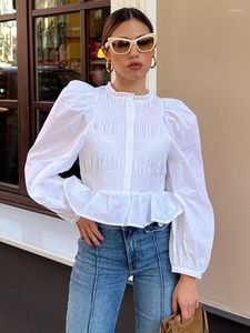 Blusas para mujeres Tops de cultivo Mujeres 2023 Button en la parte delantera PEGADO SMOCKED PEGADO BLOUNTA BLANCA BLUJA RED REDED COLLA Long Puff manga