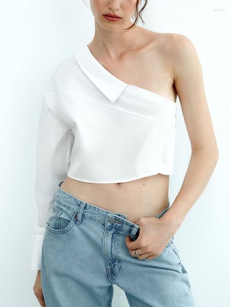 Chemisiers pour femmes Crop Tops Femmes Mode Vêtements 2023 High Street Revers Asymétrique Cou Une Épaule Top À Manches Longues Côté Boutonné Blanc