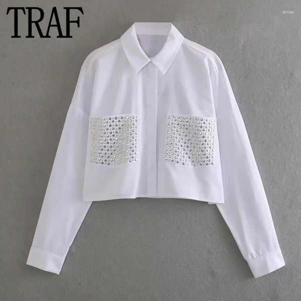 Blouses pour femmes recadrée chemise blanche femme clouté haut court femmes mode poches à manches longues automne Streetwear lâche