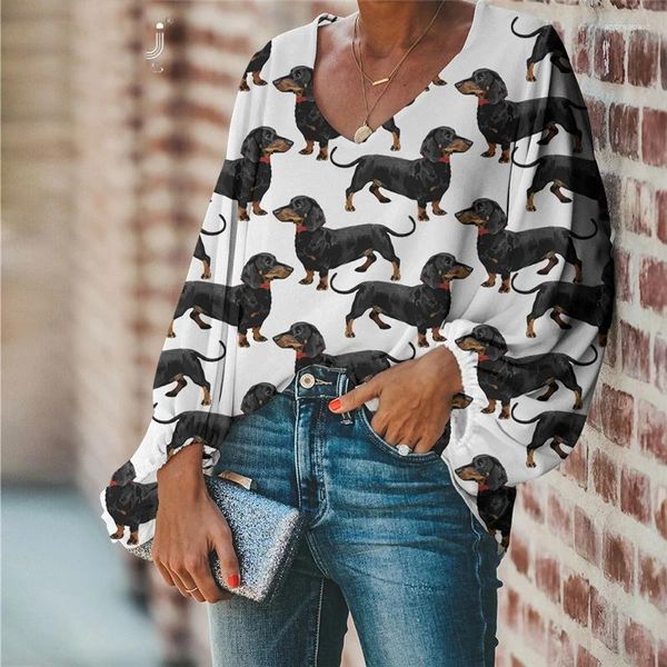 Blouses Femmes Mignon Animal Teckel Modèle Mousseline De Soie Été 2024 Femme Casual Lâche Manches Longues Hauts Chemises À Col En V Camisas De Mujer