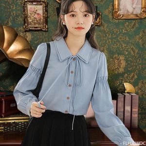 Blouses pour femmes mignonnes à nœud papillon Design 2024 Spring Women Chic Korea Casual Japan Girls Preppy Style Basic Blue Shirts