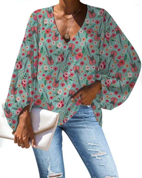 Blouses Femmes Mignon Guita Modèle Mousseline De Soie Femmes Été 2024 Blusas Femme Casual Lâche Manches Longues Hauts Col En V Dames Chemises Blouse