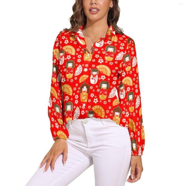 Blusas de mujer, bonita blusa de Anime japonés, muñecas Kokeshi, diseño de patrón, camisa informal de manga larga para mujer, Top de gran tamaño para primavera