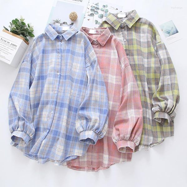 Blouses pour femmes mignons chemises à carref long mode manche bouffée d'automne surdimensionné en train de coréen conçu bouton décontracté.