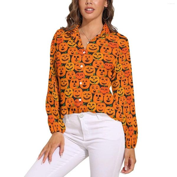Chemisier femme mignon citrouille imprimé Halloween classique ample manches longues jolie chemise haut personnalisé grande taille 2XL 3XL