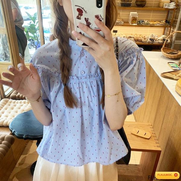 Blusas de mujer Cute Sweet Ruffles Tops Design 2023 Manga corta Dot Blue Preppy Style Girls Belly Baby Shirts