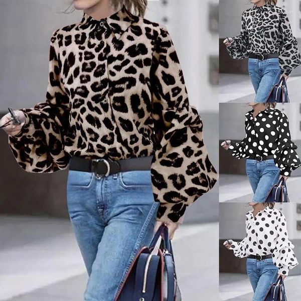 Blusas de mujer Cuttyful Tops sueltos con estampado de leopardo para mujer Camisa de manga larga abombada con lunares blancos y marrones Blusa informal con cuello vuelto