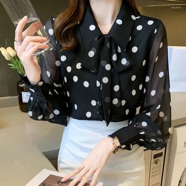 Blouses Femmes Dayifun Mode Blanc Dot Imprimer Femmes Chemises En Mousseline De Soie Col Collier Grande Taille Noir Maille À Manches Longues Tops Bureau Lady Blusas