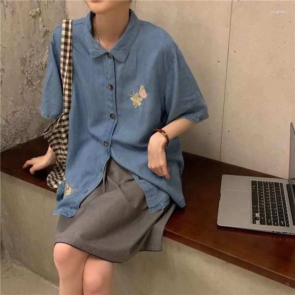 DAYIFUN Vintege Femmes Chemise Floral Bufferfly Broderie Victorienne Blouse Bleu Femmes Tops Polo-Neck Loose Office Lady