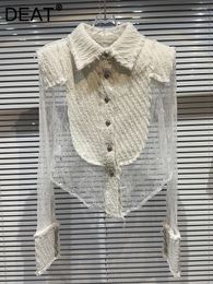 Blusas de mujer DEAT moda encaje malla Patchwork Tweed camisa para mujer manga larga solapa blusa de un solo pecho 2024 otoño mujer 11XX5469