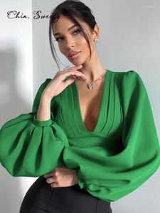 Damesblouses Diepe V-hals Dames Cropped blouse Tops Retro Elegant Groen Pofmouwen Dames Chic Kantoor Dame Geplooide top 2024 Lente