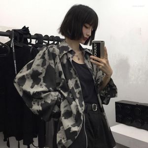 Blouses Femmes Deeptown Gothic Tie Dye Chemise Femmes Harajuku Vintage Oversize Streetwear Punk Manches Longues Motif Cardigan Grunge Coréen