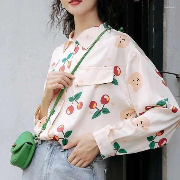 Blusas de mujer Deeptown Vintage camisas de mujer lindo estilo coreano moda 2024 Blusas estampadas Tops de manga larga otoño camisa suelta con botones