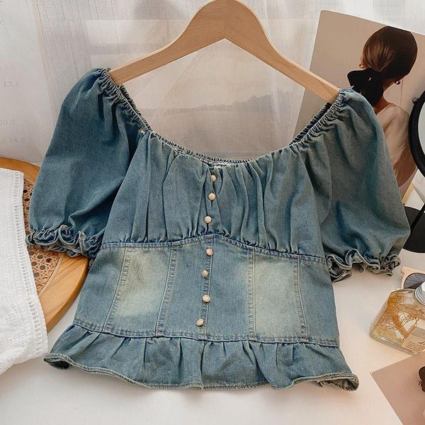 Blusas de mujer Denim para mujer moda 2023 Puff-manga mujer elegante blusa Jeans fuera del hombro Blusas femeninas estilo coreano Dropship