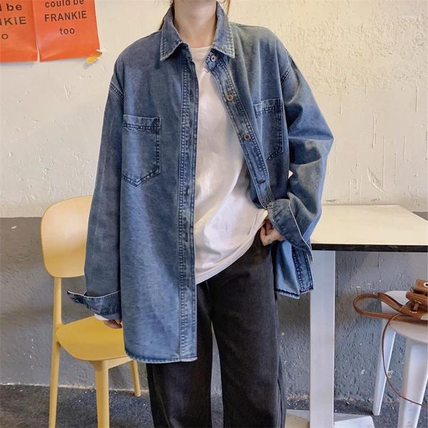 Chemisier en Denim pour femmes, chemise rétro, veste fine et ample, mi-longue, Double poche, haut coréen décontracté, manteaux polyvalents, printemps 2024