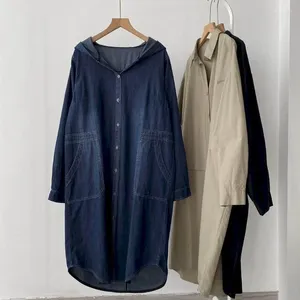 Damesblouses Denim shirts voor dames Vintage oversized vesten met capuchon Lange mouwen Casual knielange jassen Tops in Koreaanse stijl