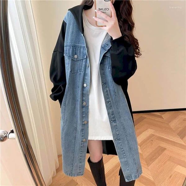 Blouses Femmes Chemises en denim pour femmes à capuche Vintage surdimensionné Patchwork Cardigans à manches longues Casual Manteaux de longueur au genou Tops de style coréen