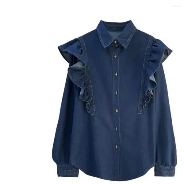 Blouses pour femmes chemises denim Femmes 2024 Ruffles Blouse de mode Automne Spring Long Sleeves Button Ladylike Elegant Sweet Female Tops lâche