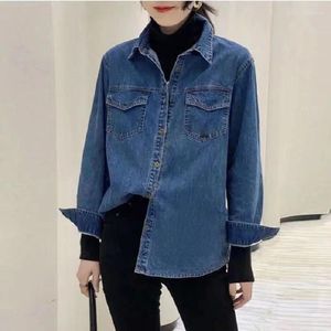 Blouses Femmes Denim Chemises Femmes Mode 2023 Automne Vintage Manches Longues Tops Plus Taille Coréen Élégant Vêtements Social Élégant Poches