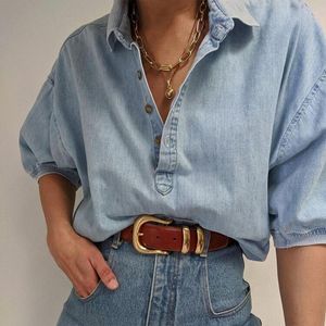 Women's Blouses Denim Top Women 2023 Fashion Light Blue Lazy Wind Short Sleeve Shirt