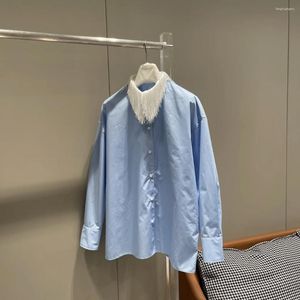 Design de blusas para mujeres Tassel Collar Camisa azul Temperamento de algodón de alta calidad Camisas elegantes 2024 Verano