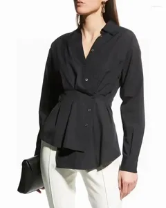 Blouses pour femmes Design Fomes Coton Coton Solide Solide Longue Irréguleuse Blouse mince élégante Ol V-Neck Single Breasted plissée Shirt