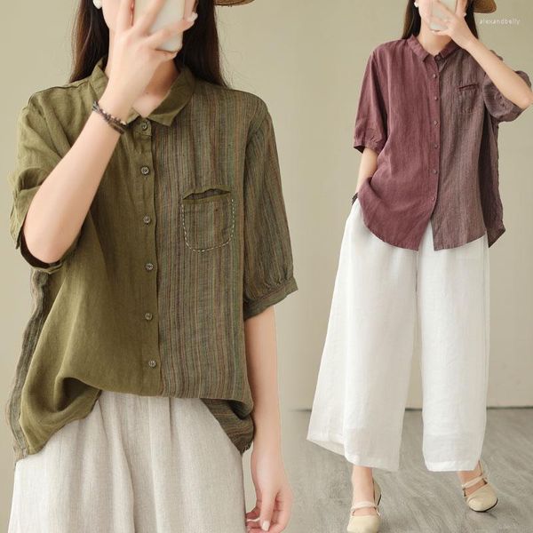 Chemisiers pour femmes Designer Mode Couleur Assortie Coton Lin Chemise À Manches Courtes Pour Les Femmes D'été Lâche Mince Rayure Couture Chic Tops