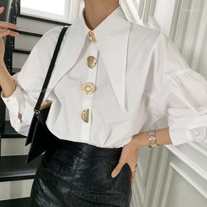 Blouses Femmes Designer Boutons En Métal Printemps Chemisier Femmes Lanterne Manches Blanc Dessus De Chemise Col Rabattu Haut Coréen Élégant Bureau M038 Emodern888