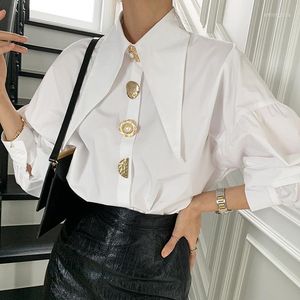 Women's Blouses Designer Metal Buttons Spring Blouse Women Lantern Sleeve White Shirts Tops Turn Down Collar Korean Top Elegant Office M038