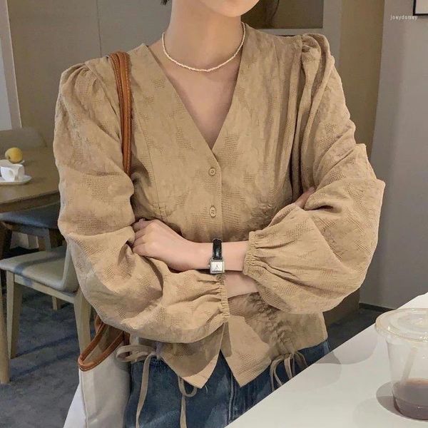 Blusas de mujer Camisas de diseñador Mujeres Vendaje sólido Con cuello en V Temperamento Moda Adolescentes Slouchy Retro Estilo coreano Hembras Diario Alto