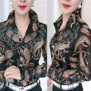 Blouses voor dames diamanten bezaaid gaas kanten vrouwelijke chiffon shirts lange mouw revers print dunne blouse tops elegante bodem camisas mujer