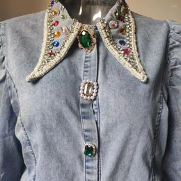 Blusas de mujer Diamantes con cuentas Denim Un solo pecho Piedras preciosas Botones Camisas Manga linterna Crystal Jeans Chaqueta Cardigan Tops Blusas