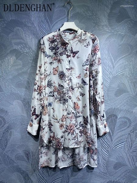 Blouses pour femmes Dldenghan Spring Cotton Shirts Women Stand Collar à manches longues Flower Flower Print High Street Single Breasted