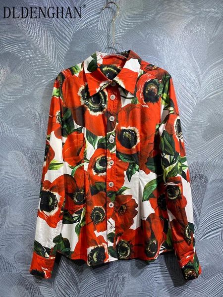 Blouses pour femmes Dldenghan Summer Cotton Shirt Cold-Down Collier à manches longues Anemone Flower Print Office Lady Fashion Designer