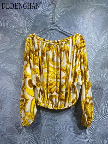 Blouses pour femmes Dldenghan Summer Silk Tops Slash Neck Lantern Sleeve Beach Style Vacation Designer Fashion