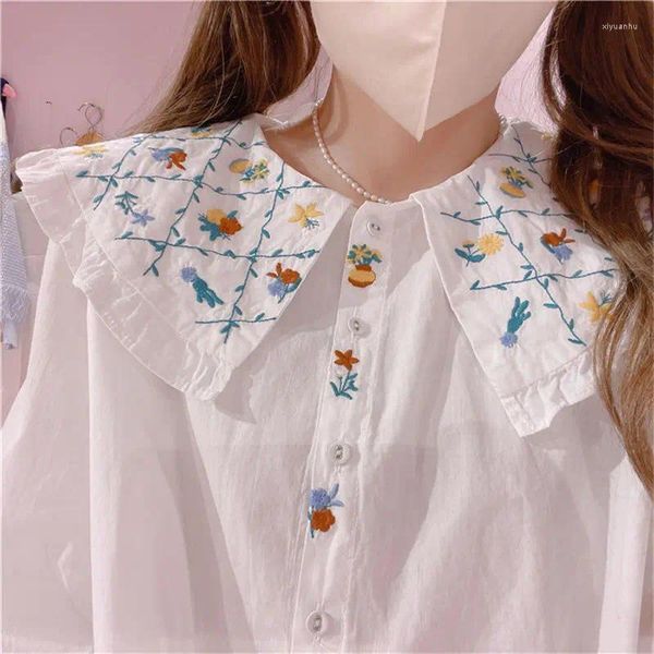 Blusas de mujer camisa bordada de encaje con cuello de muñeca para mujer otoño 2023 Tops franceses Vintage de manga larga Blusas holgadas estampadas