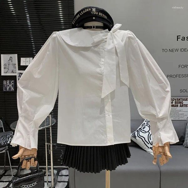 Blouses pour femmes poupée cou cravate noeud haut de gamme irrégulière polyvalent blanc à manches longues chemise pour les femmes Blusas Mujer