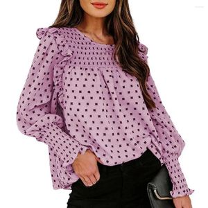 Blouses Femmes Dot Print Lanterne Manches Longues Femmes Blouse Volants Garniture O-cou Casual Tops Dames Bureau Travail Automne Streetwear Vêtements