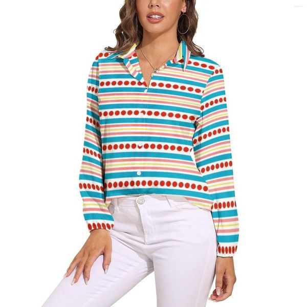 Blusas de mujer con lunares y rayas, blusa holgada artística, estampado Retro moderno, ropa de calle, camisa de trabajo de oficina de manga larga de gran tamaño, Top gráfico