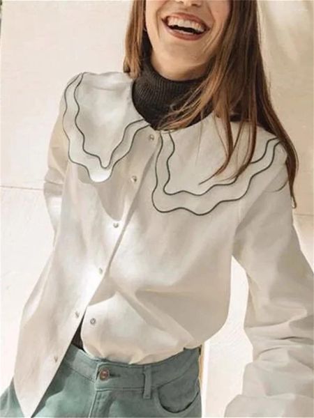Blusas de mujer Blusa dulce con cuello ondulado de doble capa para mujer a principios de otoño 2023 Camisas blancas de manga larga con un solo pecho para mujer