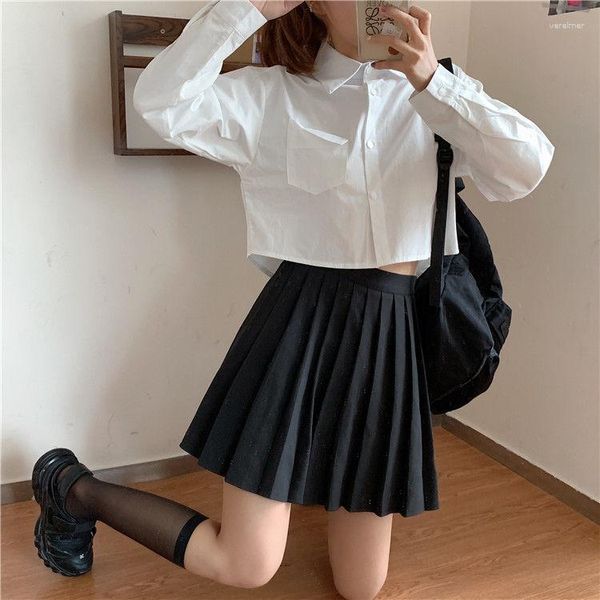 Chemisiers pour femmes Chemises habillées Femmes Tops courts Slim Blanc Vêtements Manches longues Collège Poches BF Casual Solide Design simple Élégant