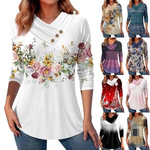 Damesblouses Chic voor dames Winter Baggy Lange mouw Grafische T-shirts V-hals Top Herfst Kleurenblok Knoop Sweatshirts Trendy Dames Tech