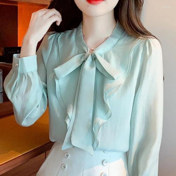 Blusas para mujeres Drop Chiffon for Women Ropa Fashion Elegant Bow Femenina Femenina de manga larga Tops Solid Puff Office Lady