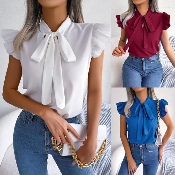 Blusas para mujer DUOFAN 2024 Camisa sin mangas de verano Mujer Commuter Wood Ear Lace Up Bow Tie Chiffon European American Solid Wear