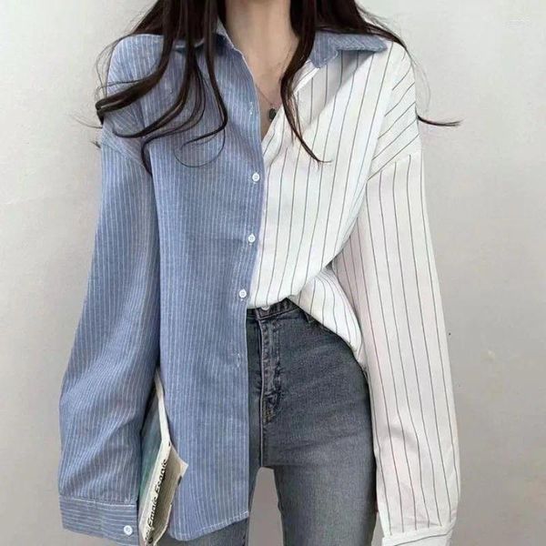 Blouses Femmes DUOFAN Chemises à rayures verticales Femmes Mode Design d'épissage irrégulier Coréen Preppy Harajuku Camisas Blusas à manches longues