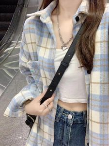 Blouses Femmes Duomofu Automne Bleu Plaid Chic Simple Femme Chemise Ins Mode Contraste Couleur Basic Simple Boutonnage Casual Lâche Femmes