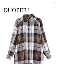 Blouses Femmes Duoperi Femmes Mode Plaid Patchwork Vintage Manches longues Simple Boutonnage Femme Chemises Tenues Chic Tops