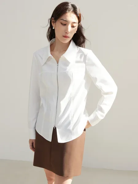 Blouses pour femmes Dushu Double-extrémité conception de la fermeture à glissière Femme Blanc Nettoyage Polo Cou à manches longues Femelle Slim Slim Shirts