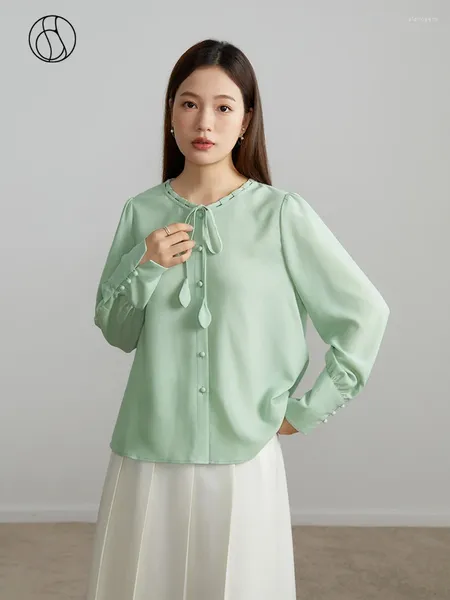 Blusas de mujer DUSHU sueltas mujeres cuello redondo corbata diseño camisas verde claro elegante manga larga 2024 otoño camisa femenina recta